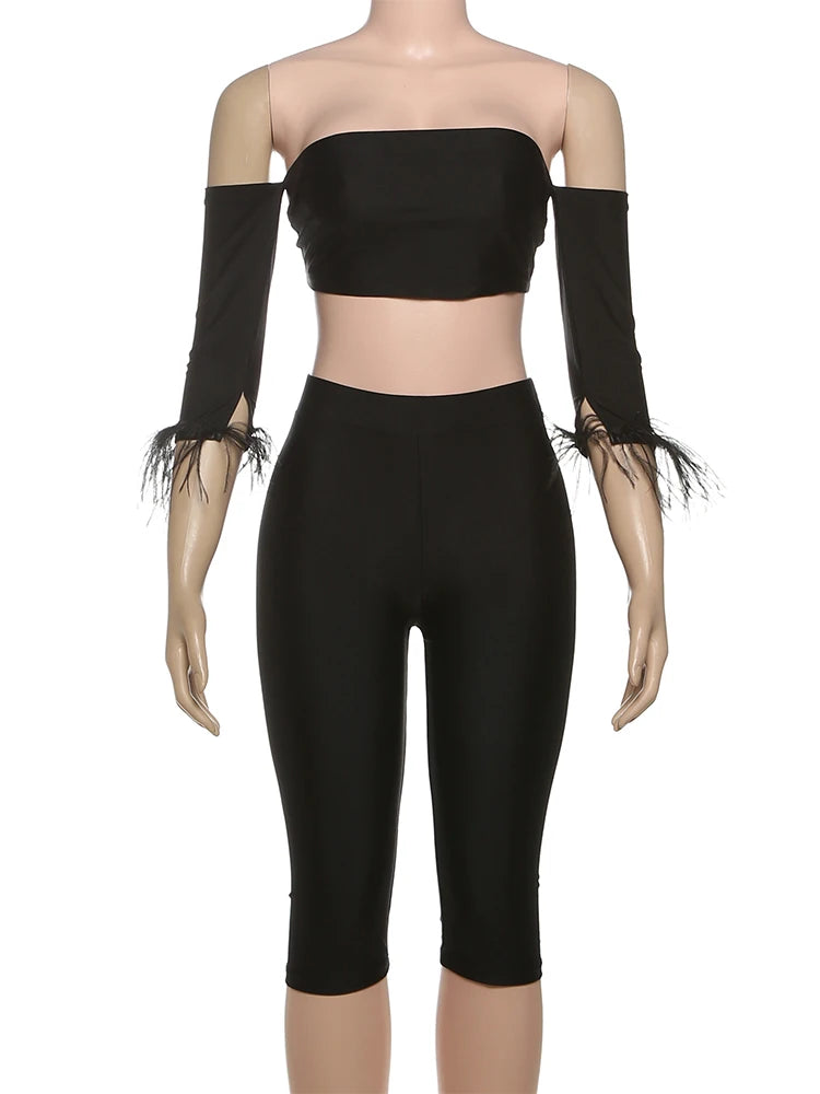 NEW Arrivals 2PCS Set UK Size Black/Pink Color Women Classic Tracksuit Feather Sleeve Slash Neck Crop Tops+ Pants Shorts Matching Street Outfits