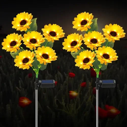 NEWEST 2PCS Set 75CM 6 Head Solar Simulation Sunflower with Luminous Pole LED Lights Garden Yard Lawn Night Lights Landscape Decor Lamps Home Garden Decoration Supplies