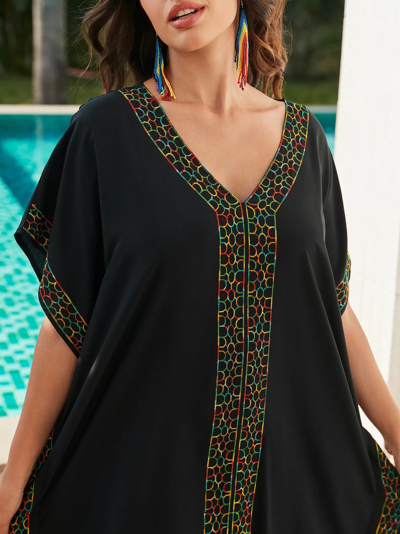 Embroidery Beach Kaftan Dress for Women Short Sleeve Bikini Swimsuit Cover Up