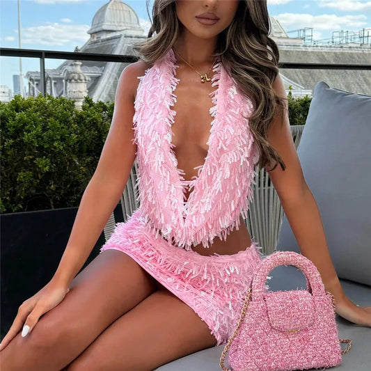2 PCS Set 5 Colors UK Size Y2K Sequin Tassels Mini Skirt Sets For Women Backless Sleeveless Halter Vest Tops Mini Skirts Suits Summer Evening Beach Party Holiday Sets