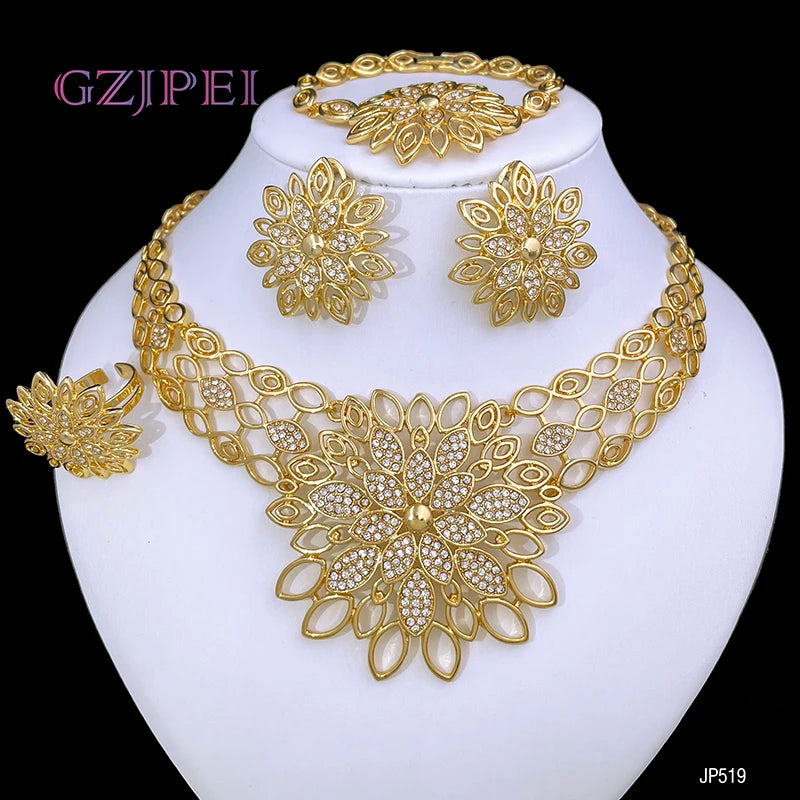 Luxury Jewelry 5 PCS Set For Women High Quality 18K Gold Plated Dubai Jewelry Necklace Earrings Ring Bracelet Trending Evening Wedding Party Business Dinner Luxury Jewelry Sets