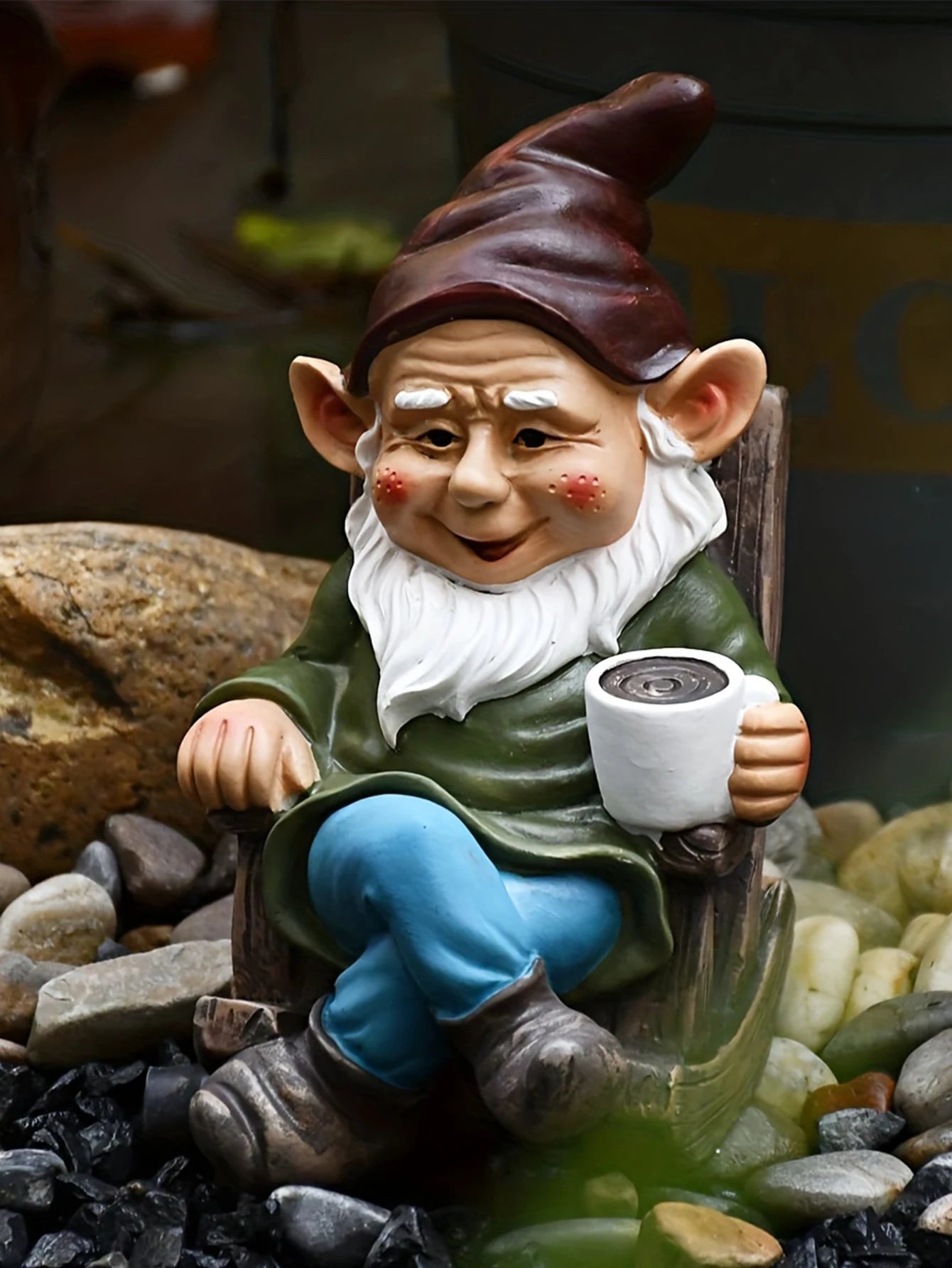 1pc Gnome Dwarf Rocking Chair Ornament Resin Outdoor Garden Decoration Patio Leisurely Drinking Tea Lazy Decoration