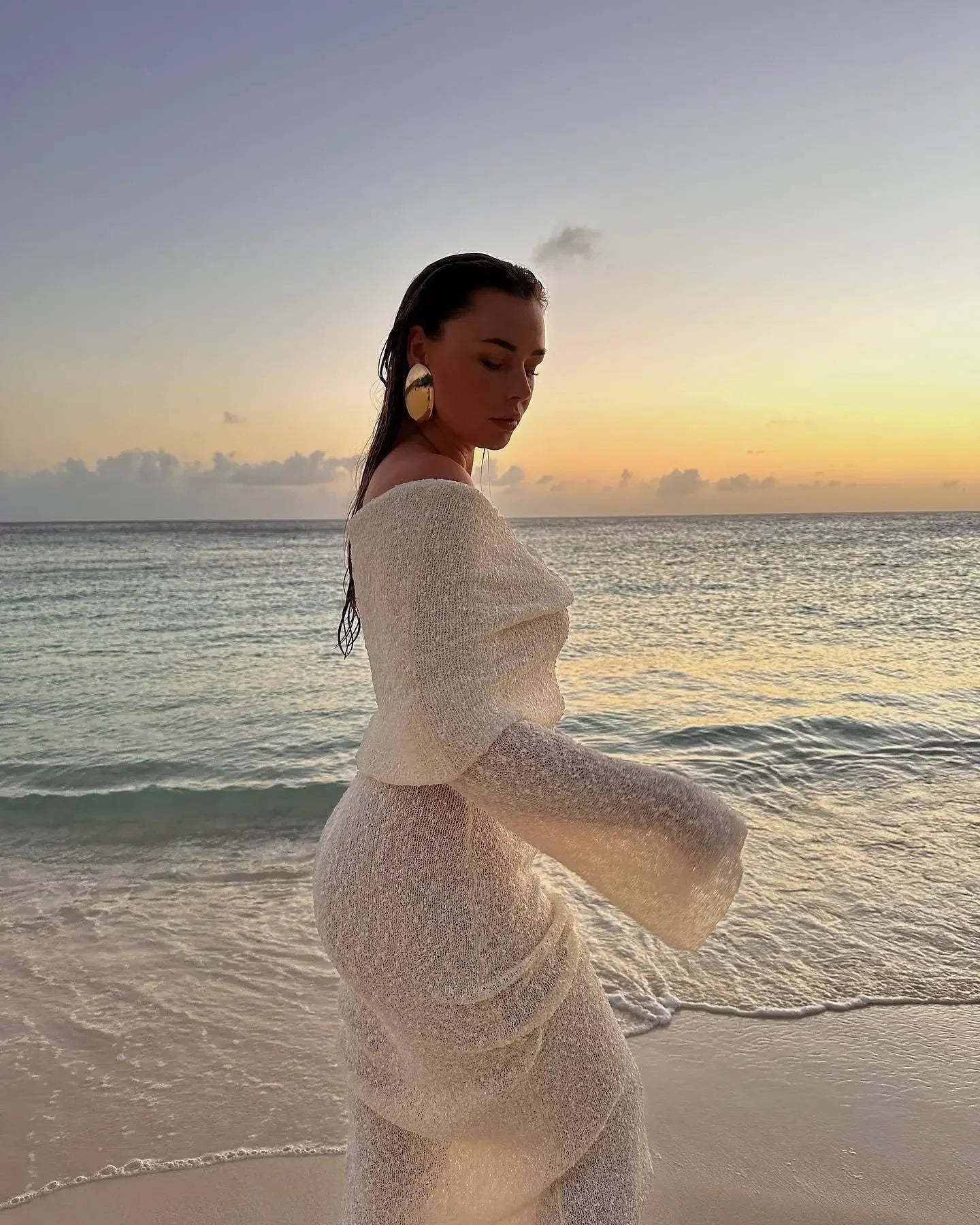 NEW Arrivals UK Size Black/Khaki/White Color Sexy Long Sleeve Hollow Out Knitted Dresses Women Elegant Off Shoulder Knit Long Dress Evening Beach Party Night Club See Through Dress