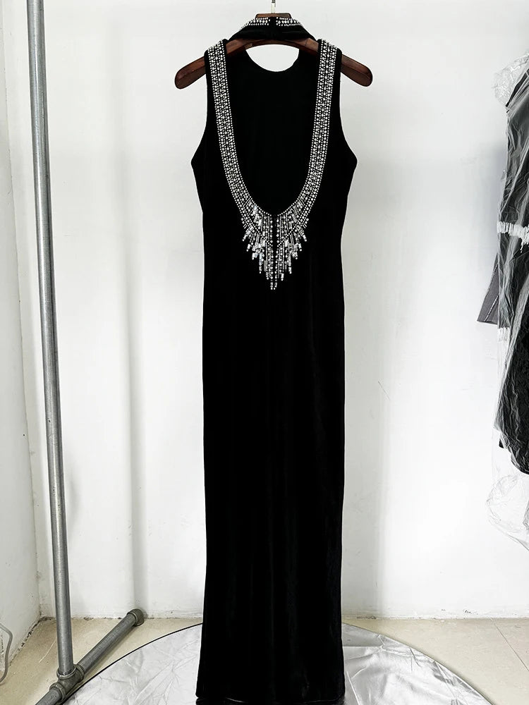 NEW Arrivals UK Size Sexy Halter Neck Backless Diamonds Sequin Long Dress Women Black Velvet Sleeveless Beaded Slim Dresses Evening Party Runway Red Carpet Gown Ladies Luxury Fashion Apparel Supplies