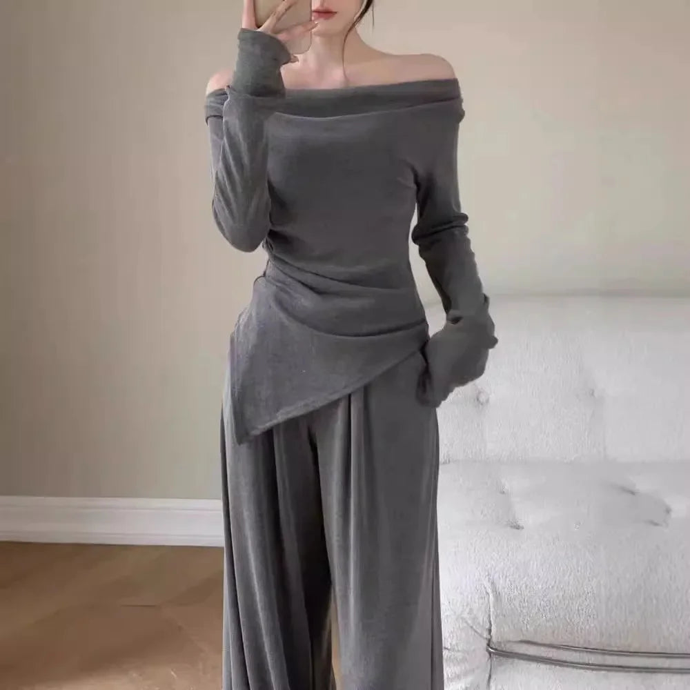 NEW Arrivals 2PCS Set M-2XL Black/Apricot/Gray Color Off-Shoulder Long Sleeve Elegant Suit Slimming Top And Smoothing Bottoms Women's Autumn Bell Pants High-End Feel