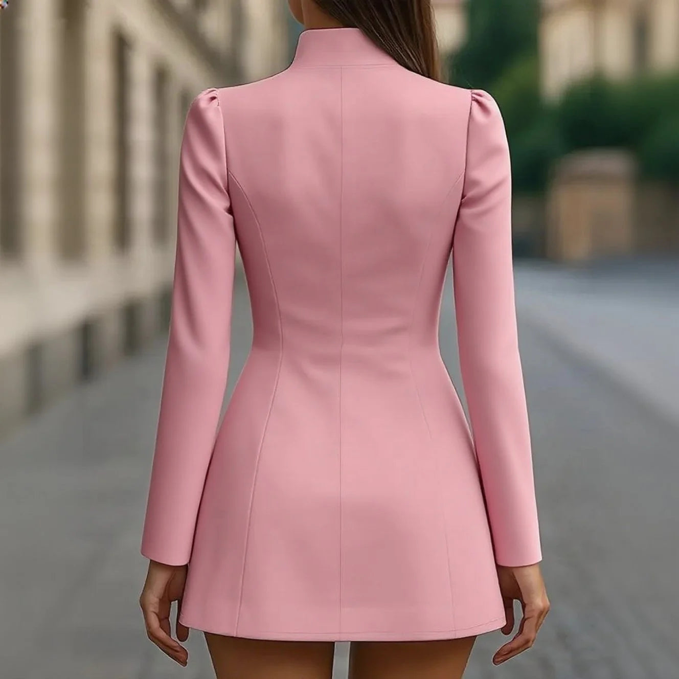 Black/White/Pink Color S-2XL UK Size Elegant Stand Collar Single-Breasted Slim Fit Long Sleeve Mini Dress