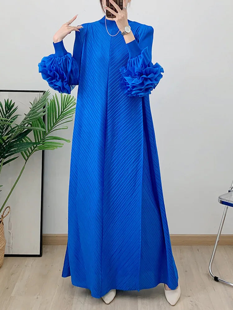 NEW Arrivals UK Size 4 Colors Pleated Dress For African Women Flower Sleeves Female Sunday Church Evening Party Wedding Guest Elegant Clothing Trendy New Ladies 2DB1827