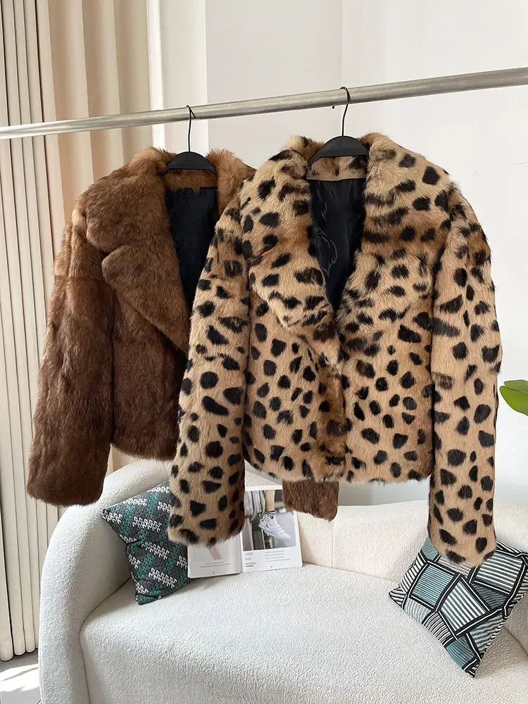 Real Natural Rabbit Fur Coat Leopard Short Jackets New Fashion Turn-Down Collar Outerwear Streetwear Leopard Winter Jacket Women Thick Warm Elegant Coat Female Girls Winter Luxury Fashion Clothing Products