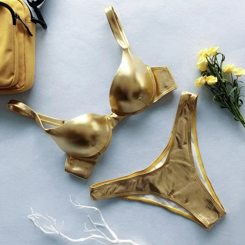 NEW Arrivals 4 Colors Sexy Ladies Metallic Summer Push Up Padded Bra Bathing Suit Beach Wear Women Sexy Thong Bikini Set Silver Gold Swimwear Suit