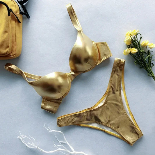 NEW Arrivals 4 Colors Sexy Ladies Metallic Summer Push Up Padded Bra Bathing Suit Beach Wear Women Sexy Thong Bikini Set Silver Gold Swimwear Suit