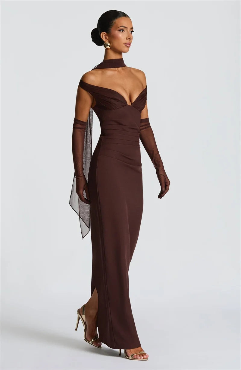 UK Size Black/Brown/Pink Color Scarf Collar Off-Shoulder Sexy Maxi Dress Women Gown Fashion With Sleeve Strapless Backless Club Party Long Dresses