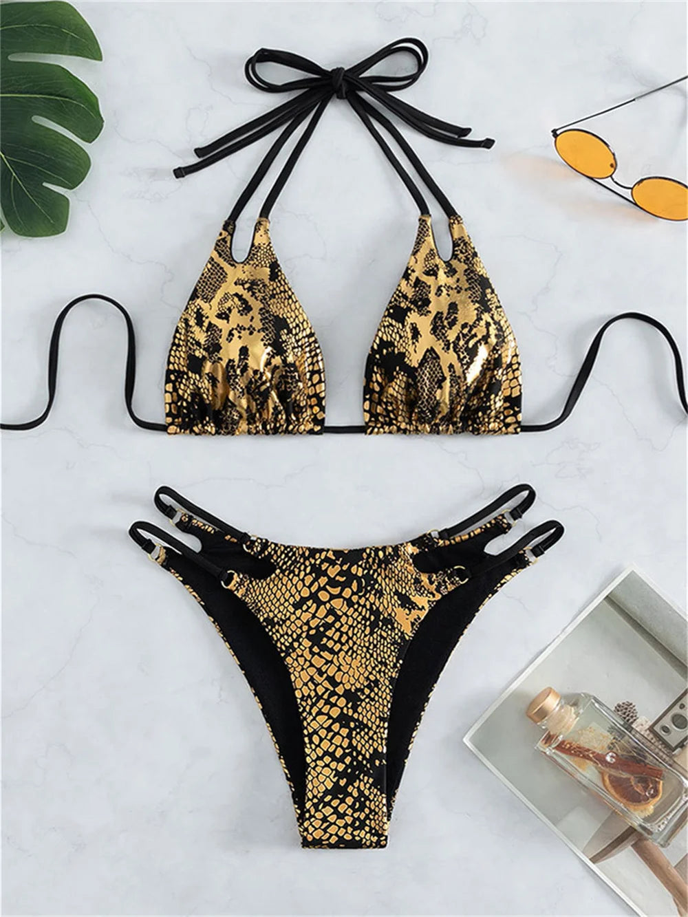 Black Gold Snakeskin Bikini Metallic Bronzing Goth Swimsuit Push Up Backless Extreme String Swimwear Thongs Women Beach Bathing Suit Ladies Summer Beach Vacation Outfits