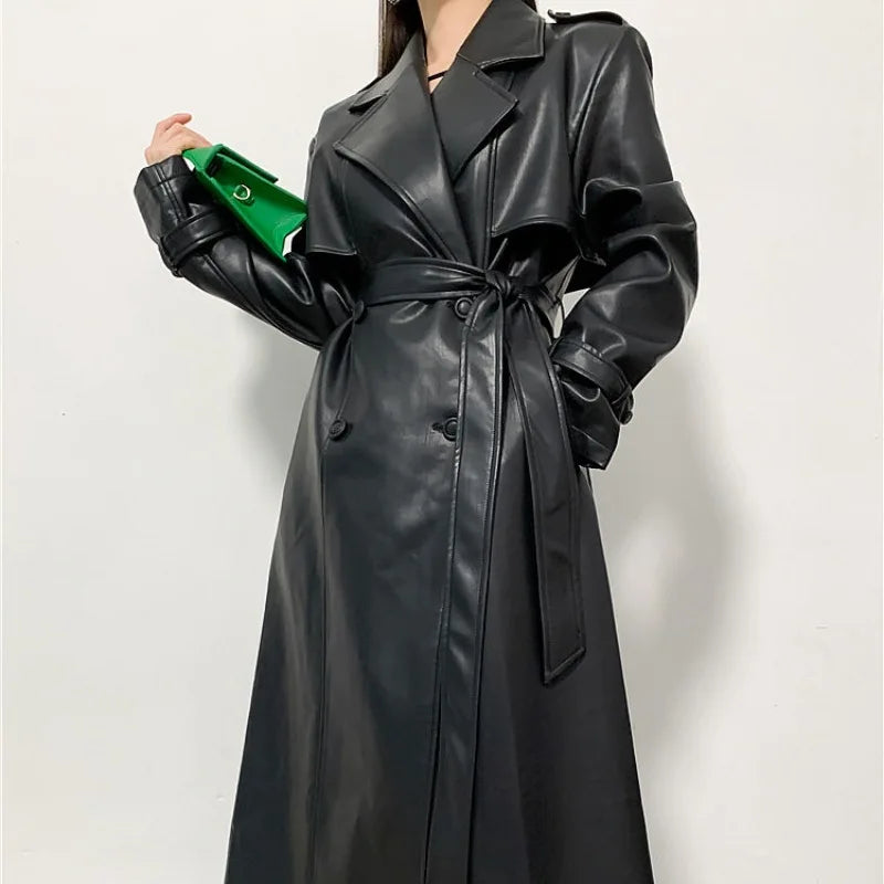 NEW Arrivals Ruffled and Handsome Leather Jacket for Women's Spring and Autumn Casual Retro Shoulder Windbreaker Coat Evening Party Office Lady Long Coats Female Luxury Fashion Clothing Supplies