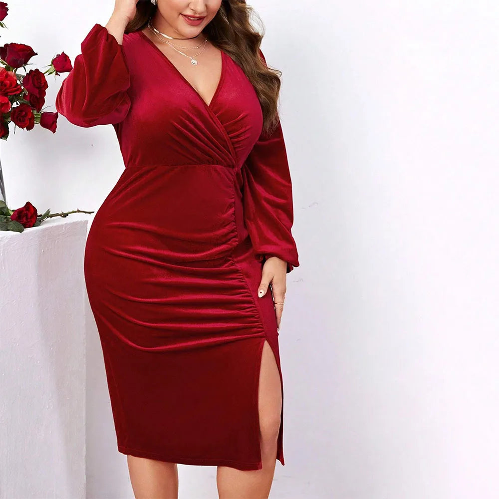 For Curvy Ladies XL-3XL Plus Size Women's Clothing European and American Winter New Sexy Slim Fit Bodycon Split Long Sleeve Velvet Dress
