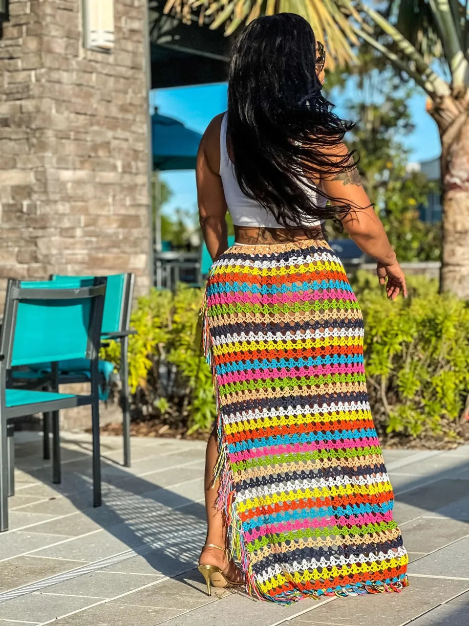 Knitted Hand Crochet Tassel Maxi Skirt Women Fashion Sexy Side High Split Colorful Summer Long Beach Cover Ups Casual Petticoats