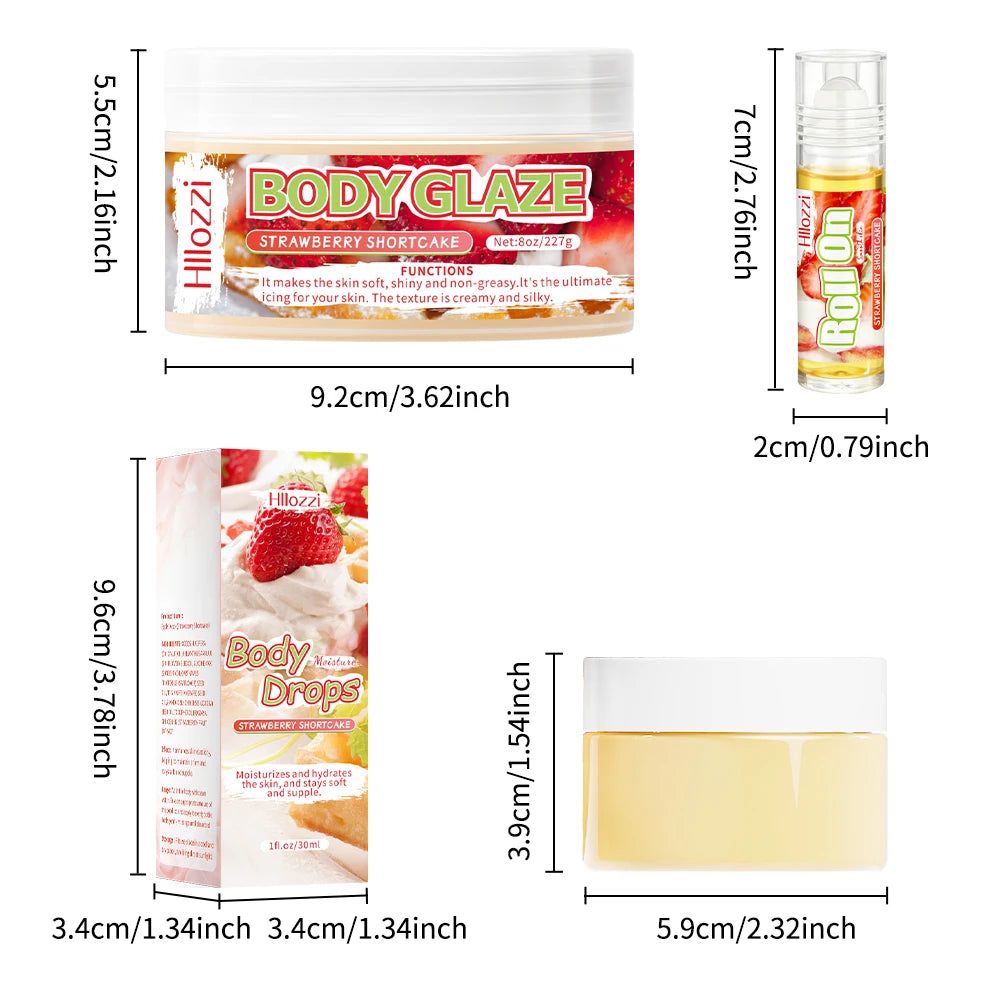 3 PCS Set Strawberry Set Includes 30 ml/1 FL OZ Body Drops and 2 oz/57 g or 8 OZ Body Glaze, Plus a Complimentary 5 ml/0.17 g Roll-On Skin Care Sets Korean Products