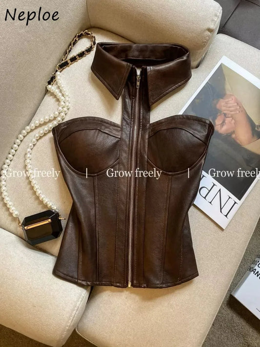 S-XL UK Size Black/Brown Color Literary Vintage Fresh Zip Vest Sexy Spice Girls Pure Desire Short Slim PU Leather Tanks Tops Strapless Halter Sling Patchwork Model Tees