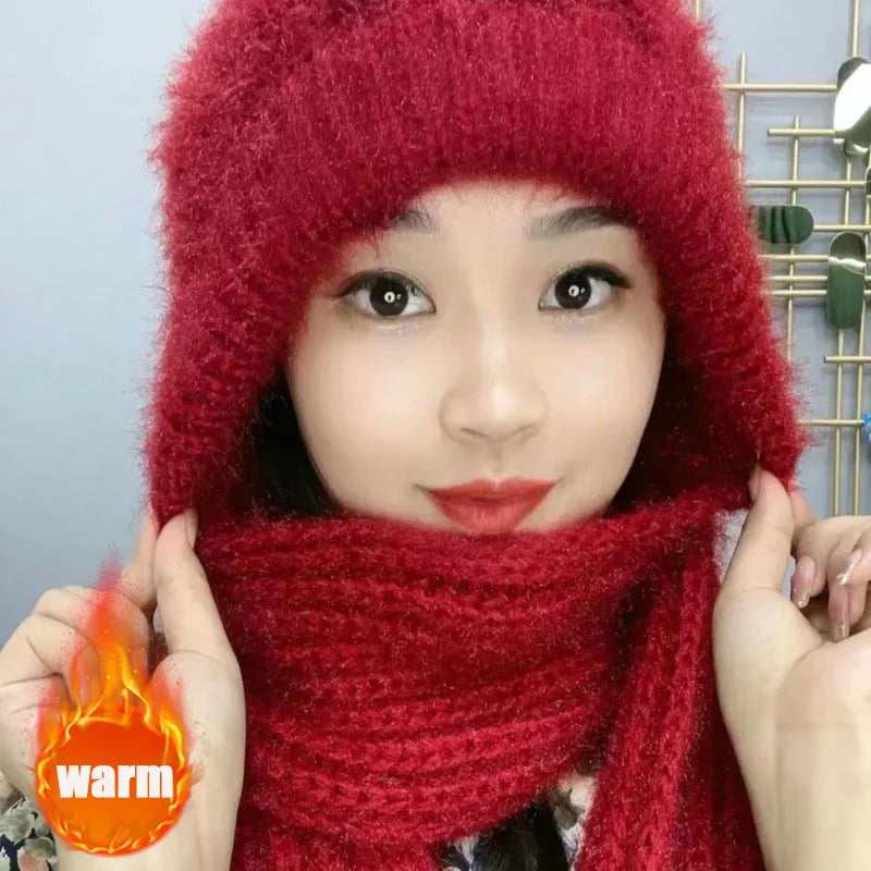 NEW 2 PCS Set 5 Colors Fleece Lined Cycling Beanie Scarf Set Women Thermal Windproof Knit Cap Snow Hood Winter Cold Weather Warm Set Outdoor Skiing Travel Hiking