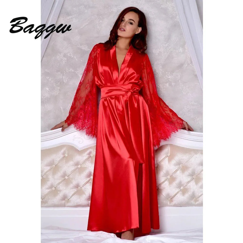 Home Robe for Women Lace Patchwork Long Bathrobes Female Nightgown Silk Plus Size Gown Bathrobe Sleepwear Ladies Lingerie Sexy