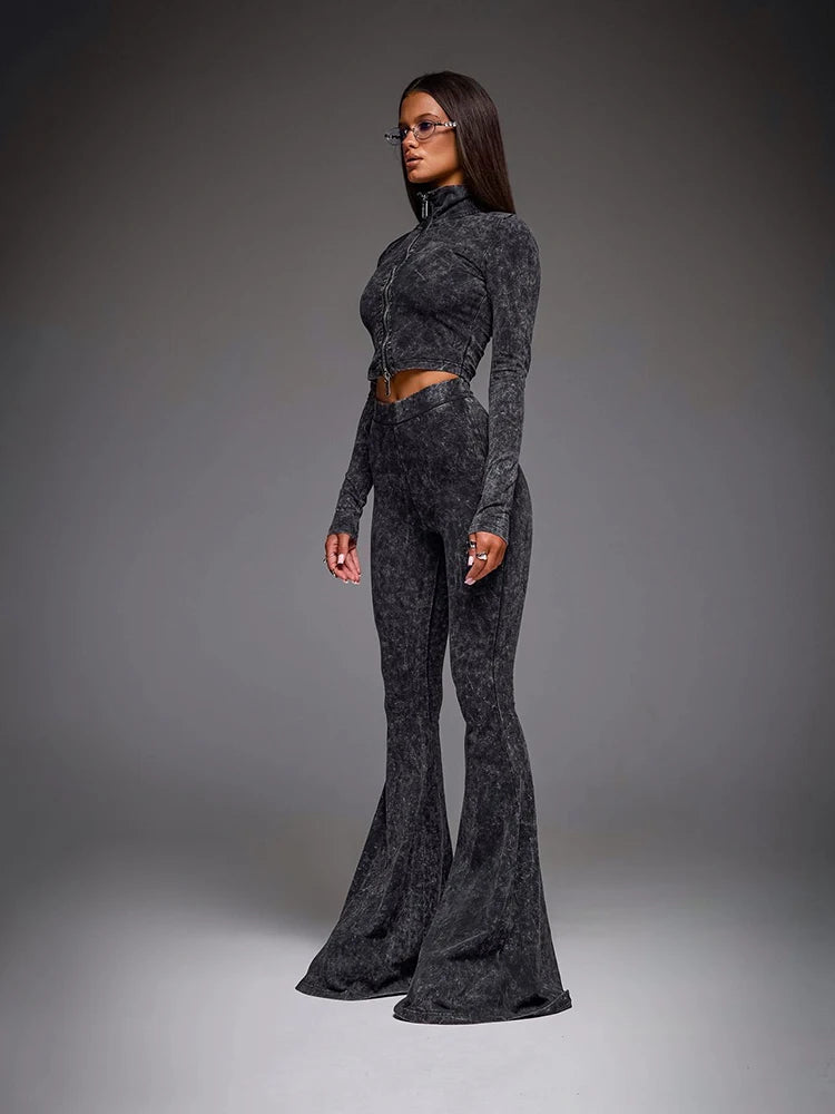 NEW Arrivals 2PCS Set UK Size  Women's Suit ( Tops+ Long Flare Pants) Italian Fashion Casual Tracksuits Skinny O-Neck Long Sleeves Zipper T Shirt  Female Girls Sexy Fashion Apparel Products