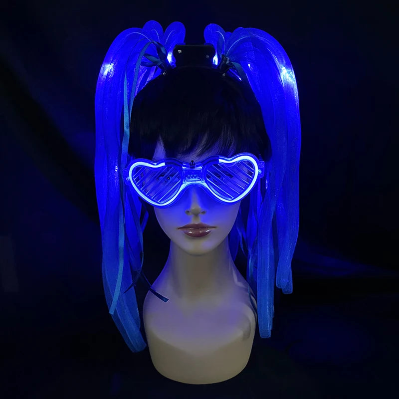 2 PCS Set Headbands + Glasses Rave Party  Luminous Flashing Noodles Headband Light Up Braid Headband Girl Women Bar Club Night Show Headwear Supplies
