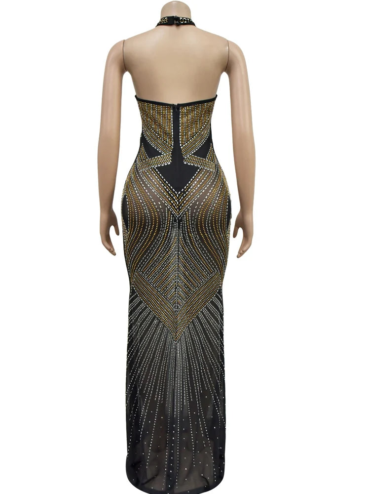 Women's Rhinestones Décor Long Maxi Dress Glam Backless Hallucination Mesh Diamonds Party Dress Celebrities Outfits