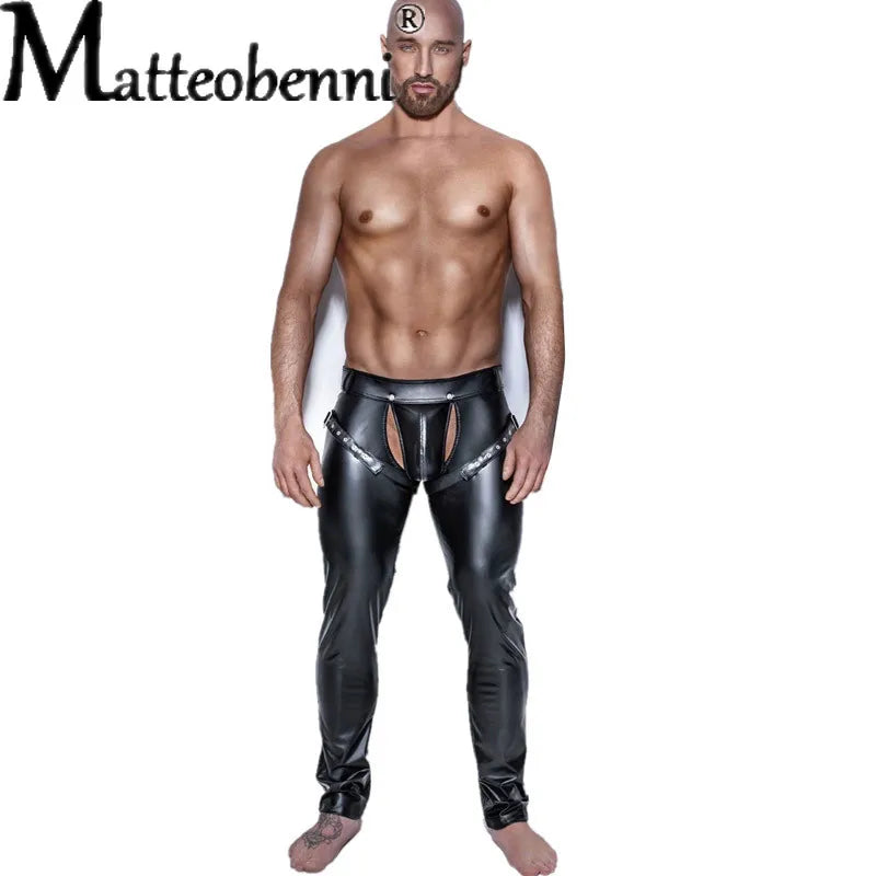 Gay Erotic Men Faux PU Leather Pants Male Wet Look Latex Trousers Open Front Pole Dance Pants Gay Fetish PVC Pants Clubwear Costumes