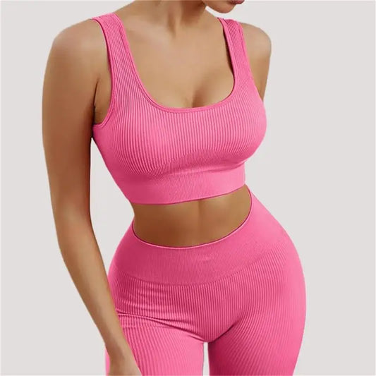 NEW Arrivals 2PCS Set 8 Colors Seamless Ribbed Yoga Sets Workout Sets for Women Gym Suits Ribbed Crop Tank High Waist Shorts Outfits Fitness Running Yoga Suit