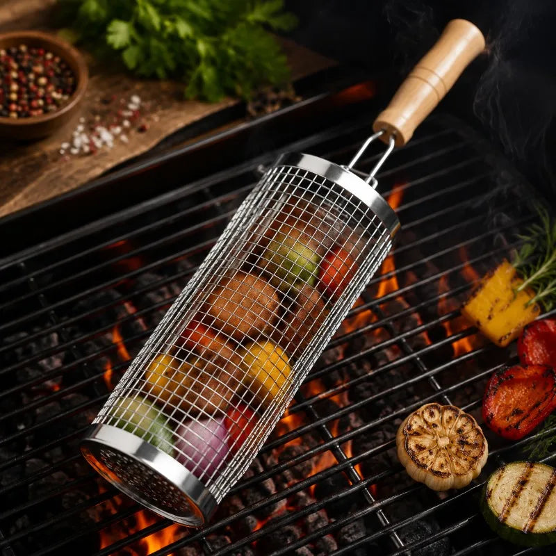 Round Barbecue Grill Basket Set Stainless Steel Rolling Steel Mesh Tube Barbecue Grill with Handle Essential for Outdoor Camping