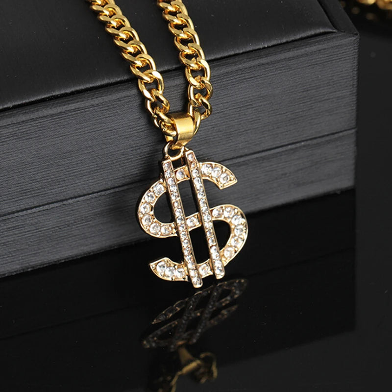 Rhinestones Luxury Jewelry Money Hip Hop Rap Gold Color US Dollar Pendant Necklace 70cm Chain For Women/Men Bling Jewelry Accessories