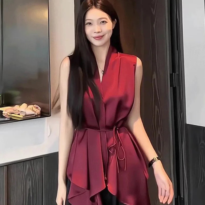 NEW S-3XL Plus Size 4 Colors Temperament Satin Sleeveless Tank Top Top Tee Summer Fashion Lacing Pleated Mid Length Top Ladies Fashionable V-Neck Blouse Tops