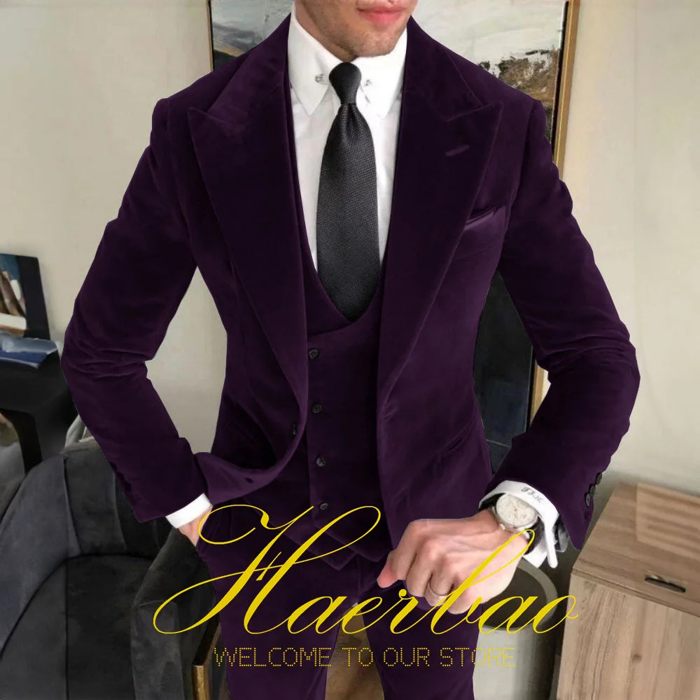 Low-Price Sales are Limited NEW Arrivals 3PCS Set S-5XL 5 Colors Suit for Men Business 100% Velvet Suit (Jacket Pants Vest) Formal Gun Lap Collar Groom Wedding Best Man Blazer Men Luxury Fashion Clothing Supplies