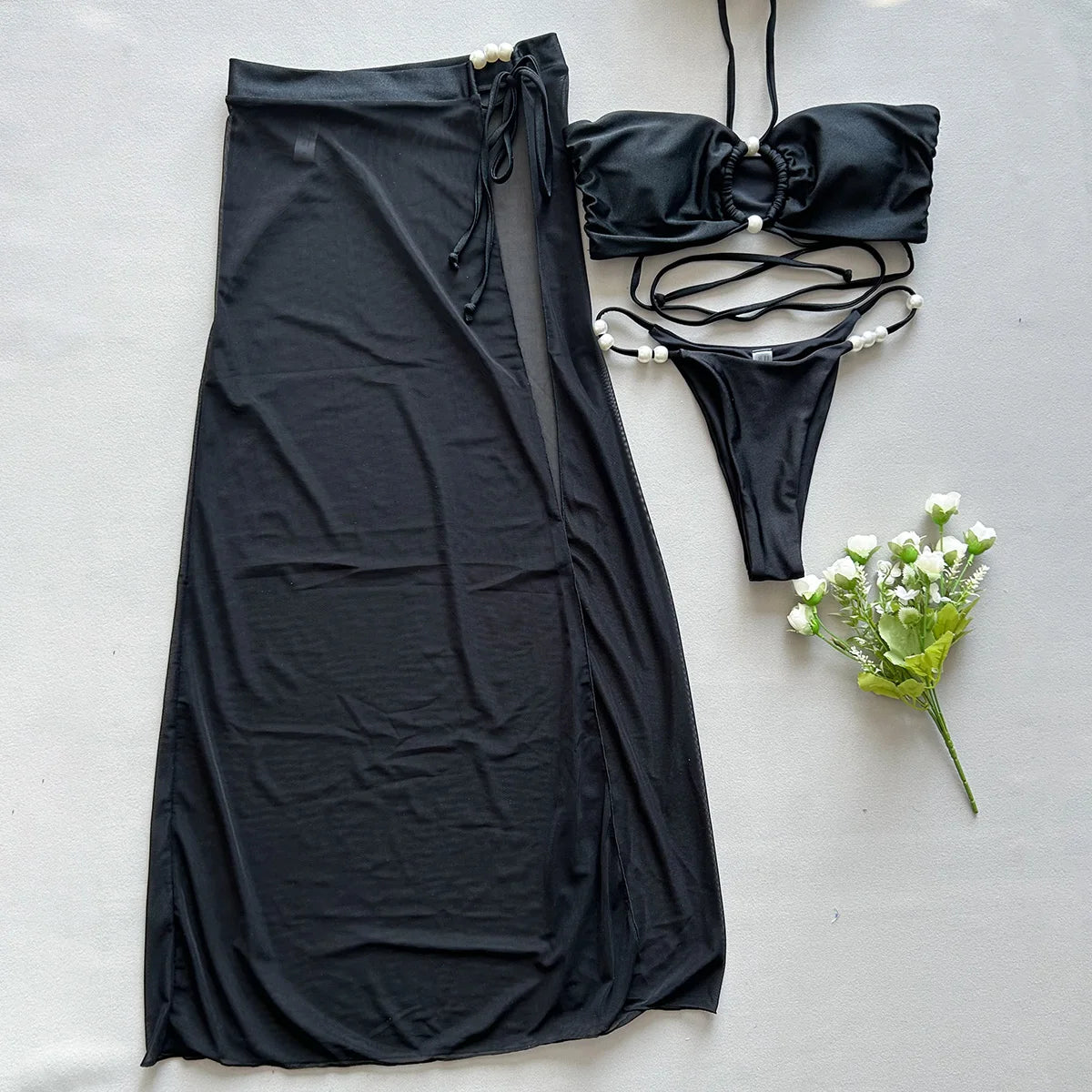 NEW Arrivals 3PCS Set Black/White Color Swimsuit Women  Pearl Bikini Set With Mesh Cover Up Skirt Beach Summer Sexy Swimming Wear Ladies Sexy Swimsuit