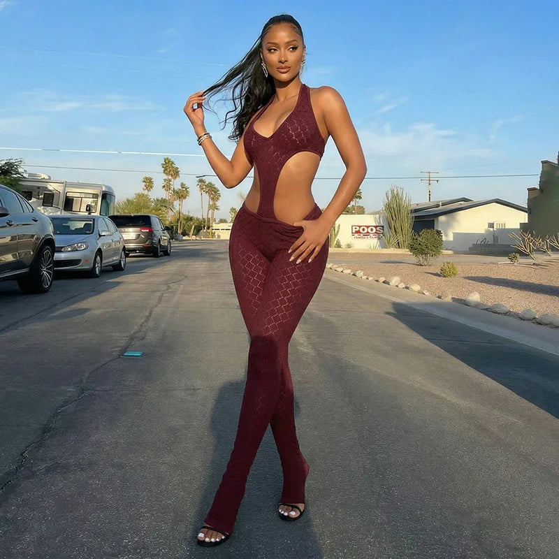 5 Colors Sexy See Through Jumpsuit Mesh Hollow Out Backless Halter Neck Rompers Summer Evening Beach Party Night Clubwear New Arrivals Women Clothes Streetwear Skinny Jumpsuits