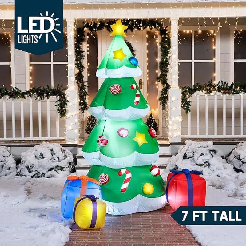 2.1M/7FT Xmas Inflatable Tree Set Ornament 3 Gift Boxes Christmas Trees Build-in LED Lights Indoor Party Outdoor Garden Props Decoration