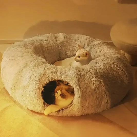 Plush Cat Bed with Tunnel for Indoor Cats, Multifunctional Cat Tunnel Bed with Peephole, Fluffy Donut Cat Bed with Tunnel