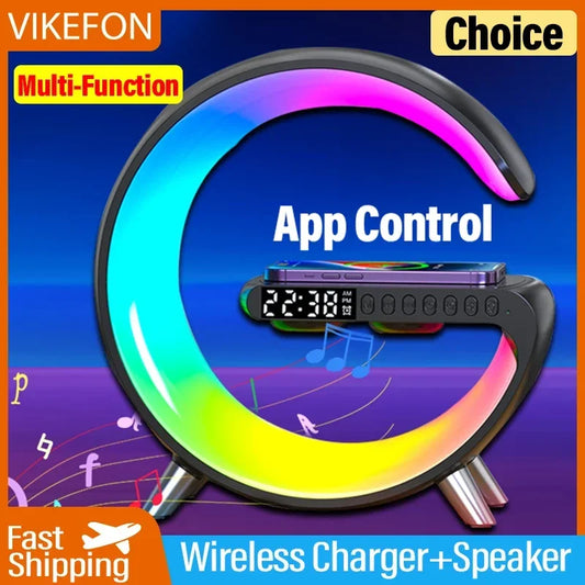 NEW Arrivals LED Smart Wake Up Light RGB Night Light with App Control, Bluetooth Speaker 15W Fast Wireless Charger Desk Lamp for Bedroom Bedside Game Room