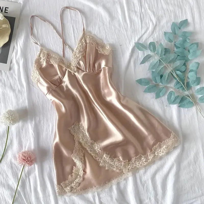 NEW S-XL 4 Colors Satin Erotic Nightdress Clothes Women Nightgowns Sexy Nightwear Lace Patchwork Lingerie Nighty Sleepwear Wedding Satin Dress Sleep Wear