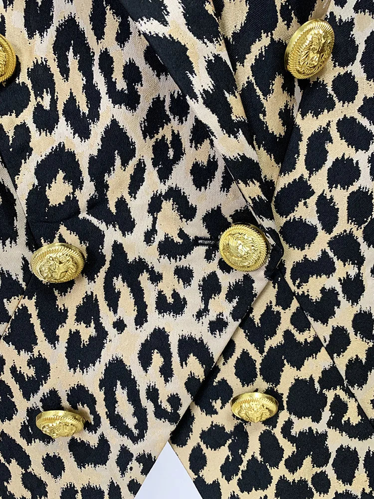 HIGH STREET Newest Designer Jacket Women's Slim Fit Lion Buttons Double Breasted Jackquard Leopard Blazer