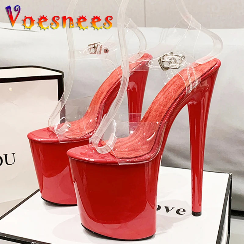 Super High Women's Sandals Transparent Surface Buckle 20cm Heel 10cm Platform Women's Shoes Large Size 43 Wedding Dress Shoes