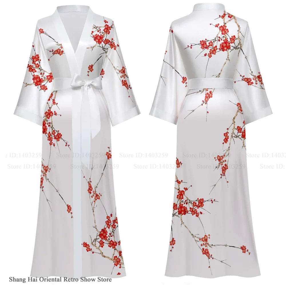 NEW Luxury Japanese Silk Elegant Flower Women Long Robe Loungewear Silky Satin Kimono Bathrobe Gown Spring Autumn New Sleepwear Home Dress Negligee
