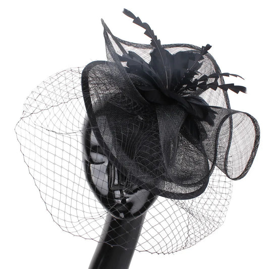 NEW Luxury Women Female Black Fascinator Hat with Veil Funeral, Cocktail Tea Party Sunday Church Feather Headwear Racing Formal Hats Girls Ladies Luxury Fashion Apparel Accessories Clothing Supplies