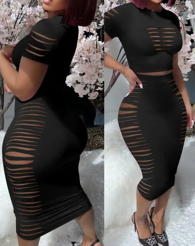Women 2PCS Sets Elegant Sexy Evening Beach Party Night Club Outfit Short Sleeve Top & High Waist Skirt Set New Fashion Summer Casual Female Suit Ladies Girls Fashion Clothing Supplies