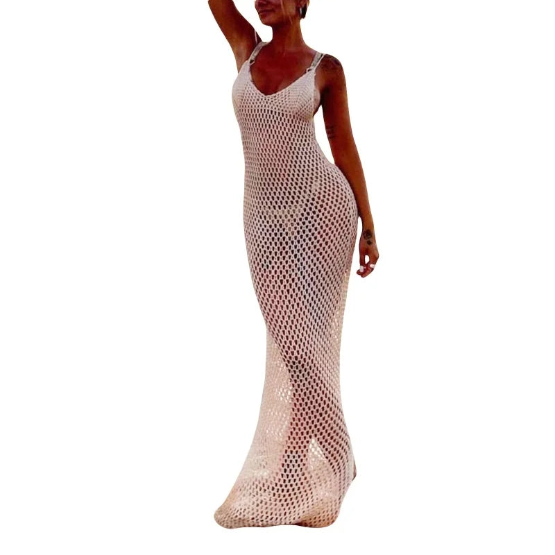 Sexy Beach Dress Women Bikini Cover Ups Solid Color V-Neck Handmade Crochet Cutout Sleeveless Backless See Through Long Dress Beach Party Dresses Ladies Bathing Apparel Accessories