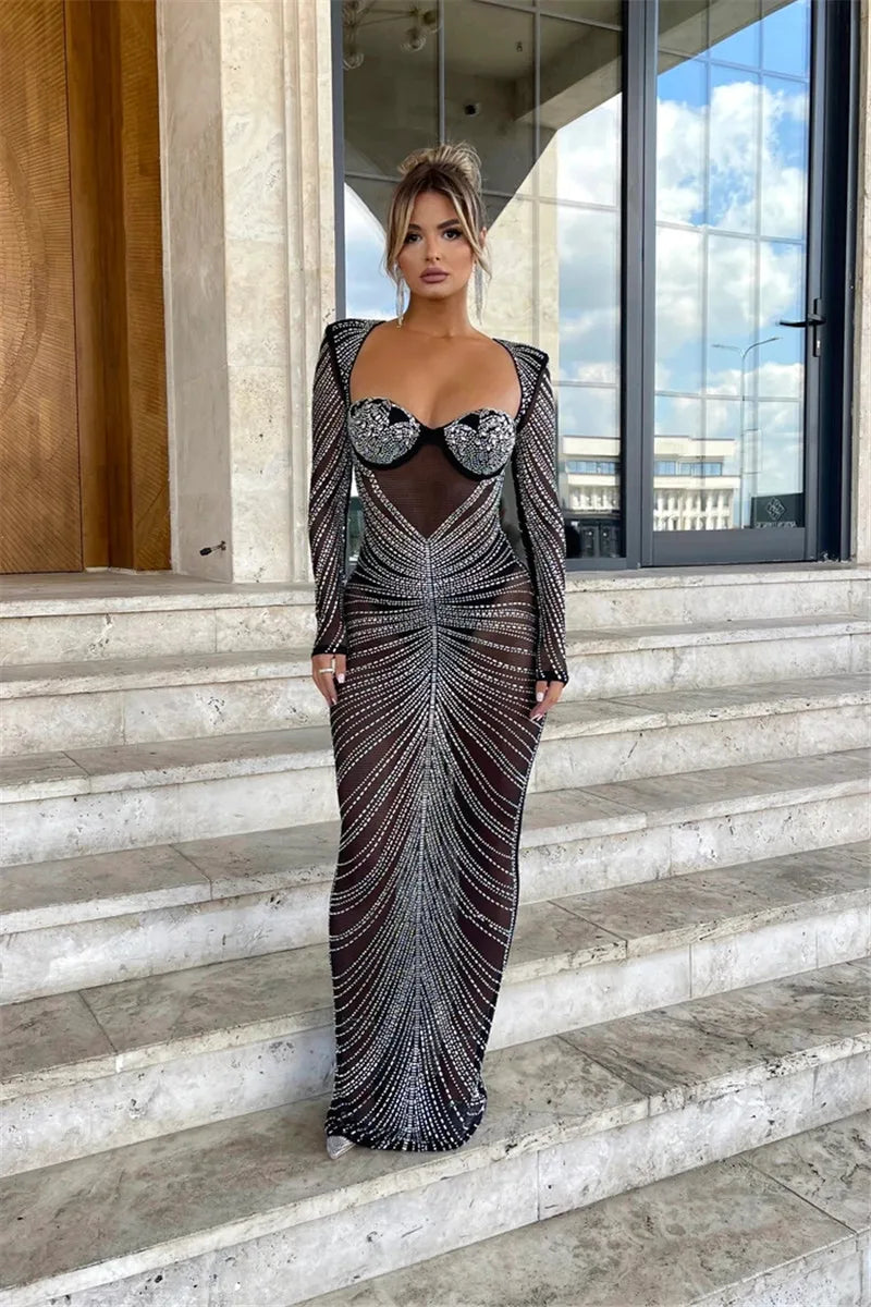 Low-Price Sales are Limiter NEW HOT SALE S-2XL Luxury Glitter Mesh See Through Party Maxi Dress For Women Fashion Full Sleeve Bodycon Sexy Club Long Evening Dress Female Ladies Luxury Fashion Clothing Products