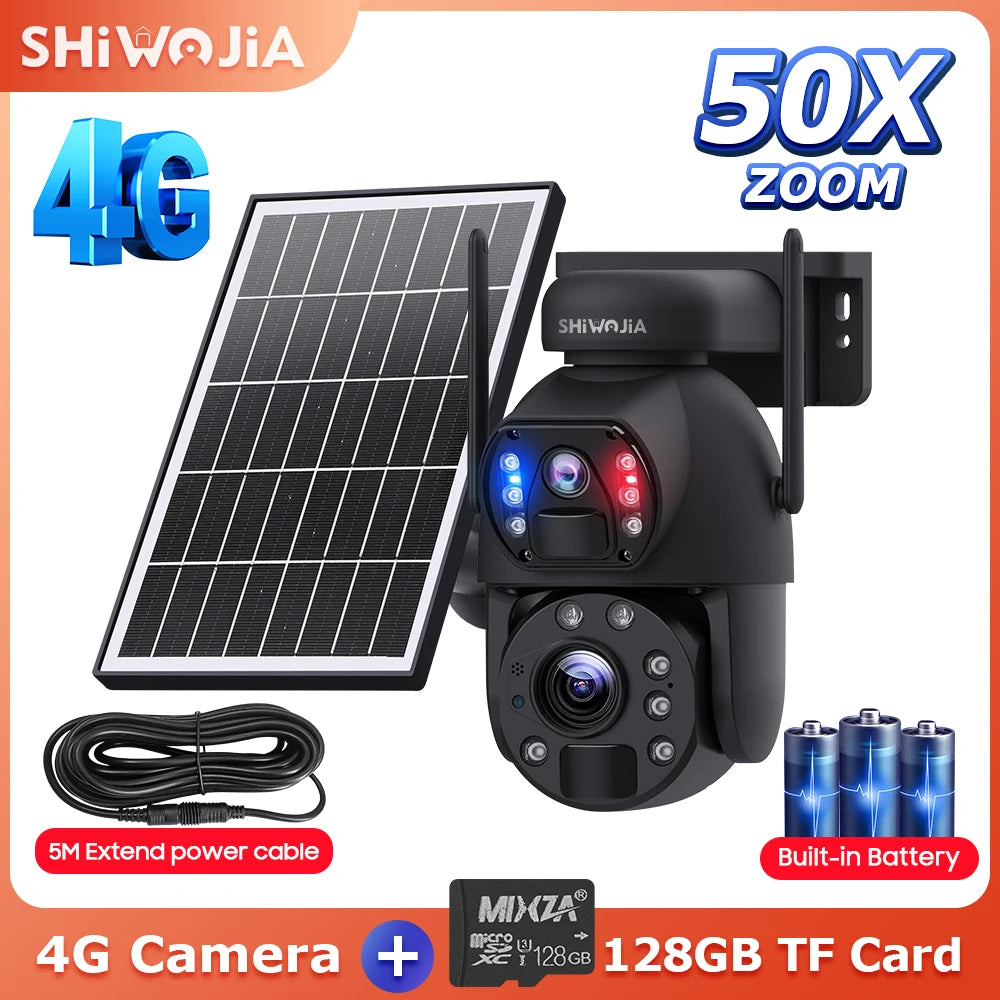 NEW 50X ZOOM 12MP 4G Sim Solar Camera Outdoor 360° Wireless WI-FI Battery Security Cameras Solar Panel PIR Night Vision Recording Home Office Factory Security Systems