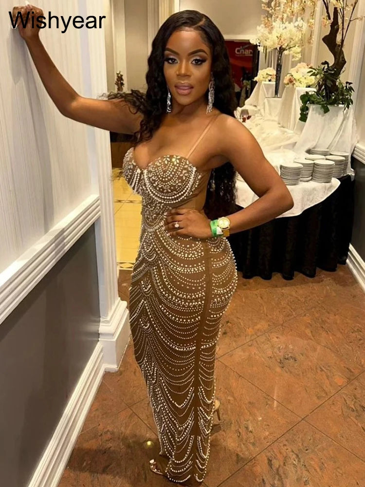 NEW Arrivals UK S-2XL Size Black/Brown Color Luxury Sparkly Crystal Rhinestone Pearl Celebrities Gown Brown Dress Woman Strap Evening Party Birthday Prom Wedding Party Gown