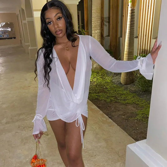 NEW Arrivals 5 Colors Sexy Deep V Neck Sexy Wrapped Mini Mesh Dress Women See Through Backless Long Sleeve Summer Evening Beach Party Night Club Bodycon Dress
