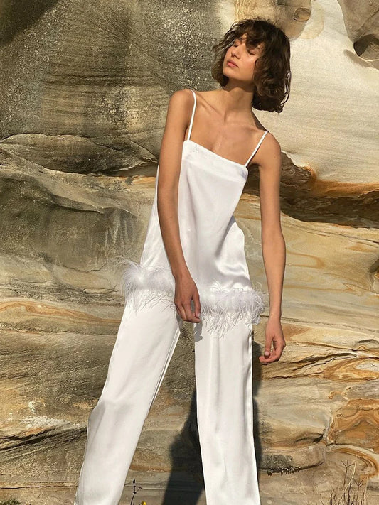 NEW Arrivals Black/White Color Satin Luxury Pajamas With Feathers Sleepwear Women Sets With Pants Black Spaghetti Strap Home Suit White Trouser Suits
