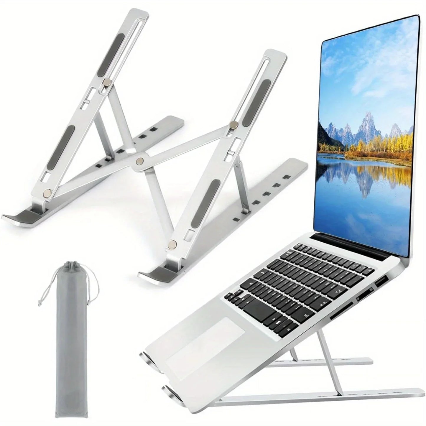 Black/White Color Adjustable Aluminum Laptop Stand - 6-Level Height, Foldable & Portable Design For 8-16” Laptops, Enhanced Ventilation & Heat